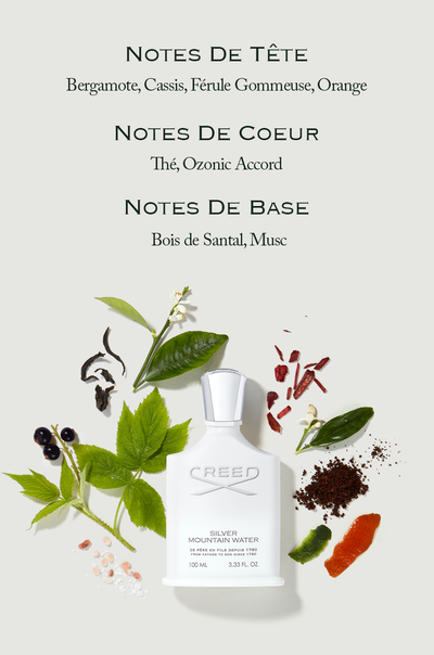 A perfume bottle surrounded by ingredients like berries, leaves, peels, and salts with text NOTES DE TÊTE Bergamote, Cassis, Férule Gommeuse, Orange NOTES DE COEUR Thé, Ozonic Accord NOTES DE BASE Bois de Santal, Musc CREED SILVER MOUNTAIN WATER DE PÈRE EN FILS DEPUIS 1760 FROM FATHER TO SON SINCE 1760 100 ML 3.33 FL. OZ.