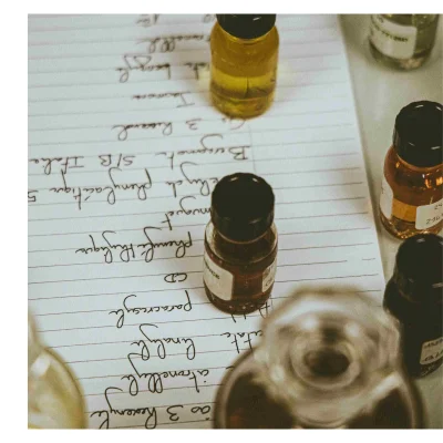 A top-down view shows small bottles of liquid arranged on lined paper with handwritten notes and bottle labels including Jarmon, 3 Risarrel, Bergamot S/B Italie, Phenglacetique 5, muguet, Phenylacetique, CD, Paracresyl, linalol, citronellol, ao 3 Hexenyl, NCE C04, 29 274.