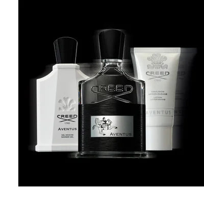 Creed Aventus fragrance bottle shower gel and after-shave lotion are shown with text CREED 1760 AVENTUS GEL DOUCHE SHOWER GEL CREED AVENTUS EMULSION APRES-RASAGE LOTION AFTER-SHAVE AVENTUS.
