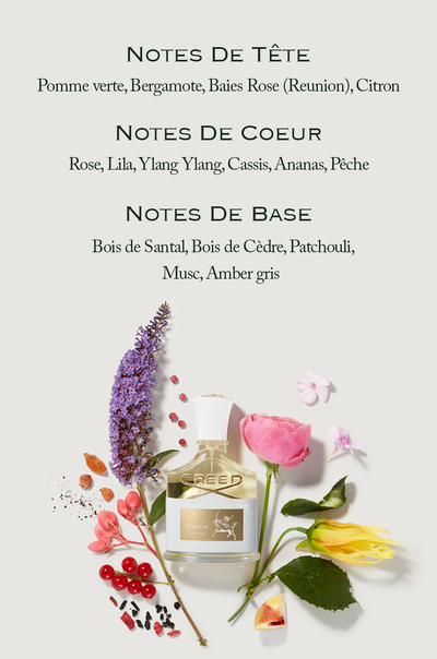 A bottle of Creed Aventus For Her perfume with flowers, berries, and fragrance ingredients, with text listing the notes above: NOTES DE TÊTE Pomme verte, Bergamote, Baies Rose (Reunion), Citron NOTES DE COEUR Rose, Lila, Ylang Ylang, Cassis, Ananas, Pêche NOTES DE BASE Bois de Santal, Bois de Cèdre, Patchouli, Musc, Amber gris CREED AVENTUS FOR HER.