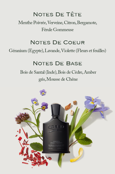 A black Creed Green Irish Tweed perfume bottle is surrounded by ingredients like wood chips, leaves, flowers, and lemon peel, with text above listing NOTES DE TÊTE Menthe Poivrée, Verveine, Citron, Bergamote, Férule Gommeuse, NOTES DE COEUR Géranium (Egypte), Lavande, Violette (Fleurs et feuilles), NOTES DE BASE Bois de Santal (Inde), Bois de Cèdre, Amber gris, Mousse de Chêne, and text on the bottle says CREED GREEN IRISH TWEED DE PÈRE EN FILS DEPUIS 1760 FROM FATHER TO SON SINCE 1760 100 ML 3.33 FL. OZ.