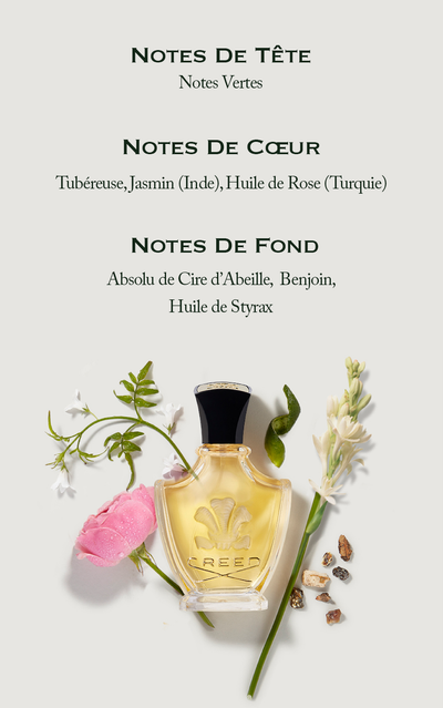 A perfume bottle surrounded by flowers and resins with text that reads NOTES DE TÊTE Notes Vertes NOTES DE CŒUR Tubéreuse, Jasmin (Inde), Huile de Rose (Turquie) NOTES DE FOND Absolu de Cire dAbeille, Benjoin, Huile de Styrax CREED.