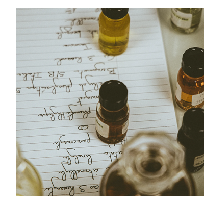 Small glass bottles containing liquids sit on a sheet of paper with handwritten notes including 3 Resorcin Citronellol Linalool Paracresol CD Phenylactique muguet Eucalyptus Phénylacétique 5 Bergamot 3 Ris Italia S/B Jakon th benzyle 24 NCE.